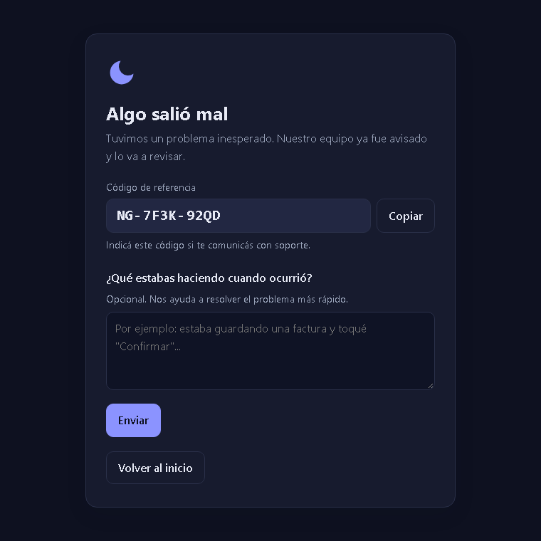 La página de error que ven tus usuarios, con código de referencia y cuadro de comentario