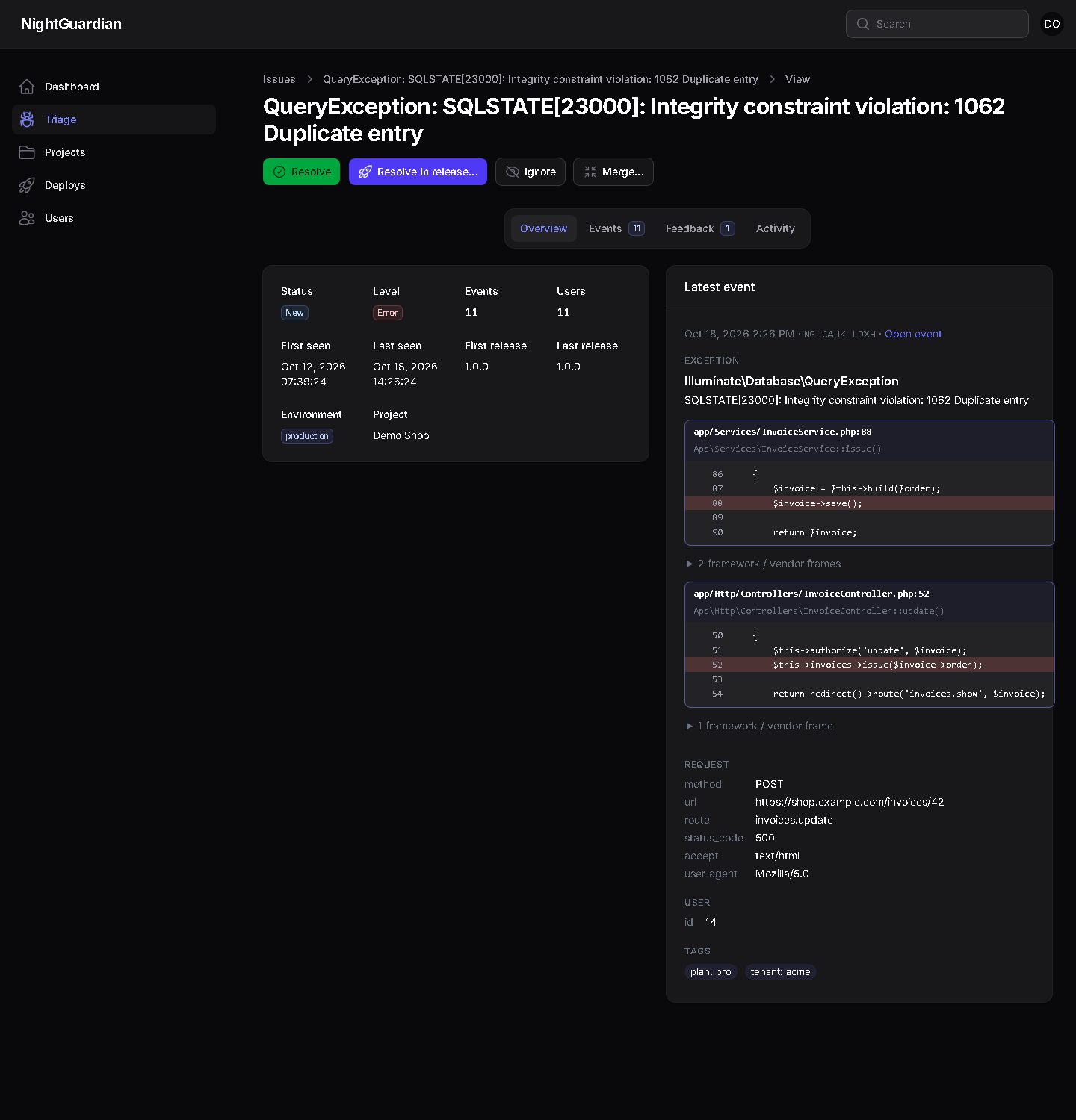 Issue detail: stack trace with your code highlighted and the lines around it