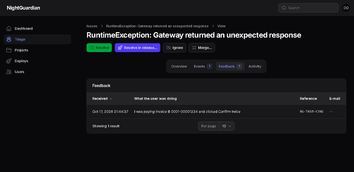 Feedback from your users, attached to the issue they were looking at